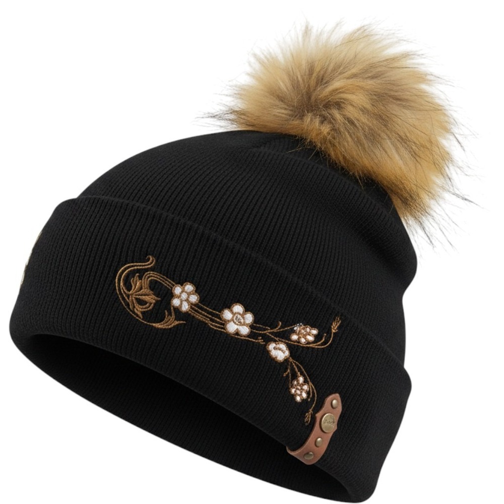Wrangler Beanie Hat Women One Size Black Floral Faux Fur Pom Knit